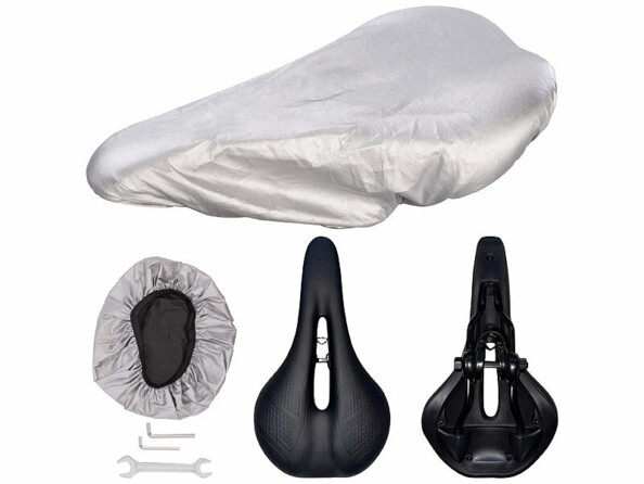 Selle ergonomique pour vélo sport en mousse à mémoire de forme sous différents angles et avec housse pluie