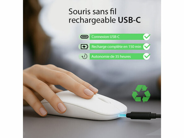 Souris sans fil rechargeable avec fonction bluetooth 5.2 et RF blanche