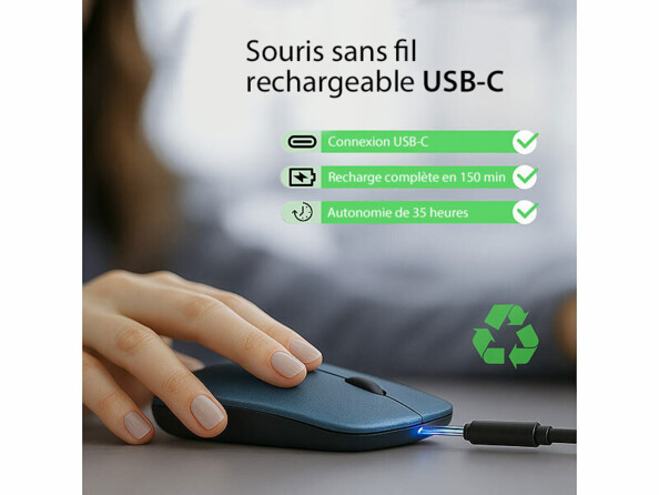 Souris sans fil rechargeable avec fonction bluetooth 5.2 et RF bleu gris