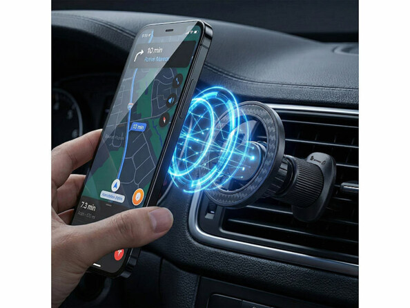 Support smartphone magnétique compatible Magsafe pour grille de ventilation mis en situation dans un véhicule avec smartphone aimanté