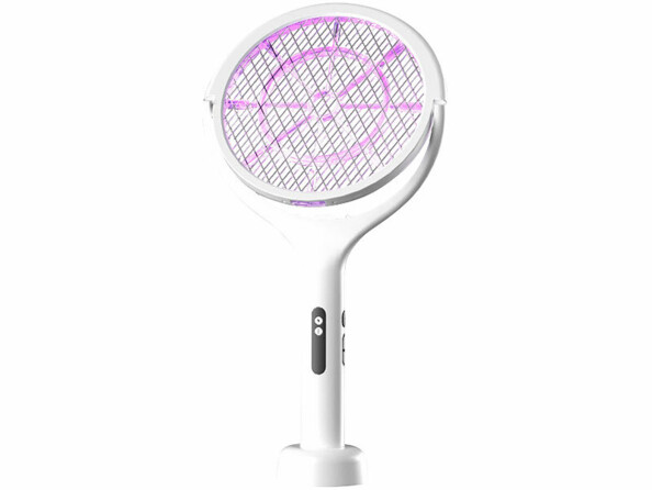 Raquette électrique Exbuster blanche posée sur socle avec LEDs UV violettes allumées