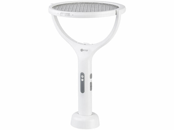 Raquette anti-insectes Exbuster blanche sur son socle circulaire avec panneau de contrôle