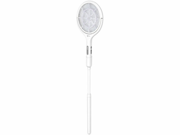 Raquette anti-moustiques blanche à manche extensible avec grille métallique et boutons gris