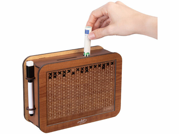 Tirelire avec objectif épargne en bois