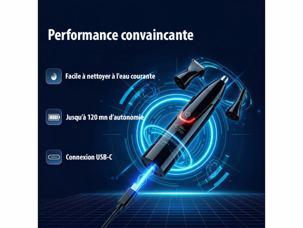 Tondeuse barbe et poils de nez rechargeable illustration avec points forts