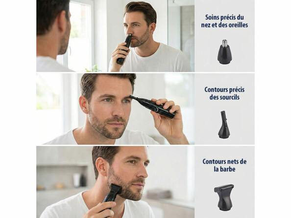 Tondeuse barbe et poils de nez rechargeable avec mise en situation des 3 fonctions