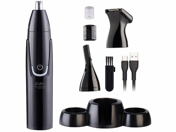 Tondeuse barbe et poils de nez rechargeable 3 en 1 vue de 3/4 avec brossette peigne et câble
