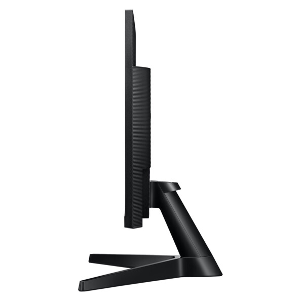 Moniteur LED Samsung vie de biais montrant la finesse du boîtier de l'écran plat 22" avec pied de support installé