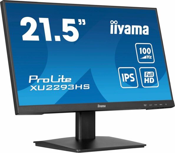 Moniteur IPS LED sur pied incliné vers l'arrière et affichant ses caractéristiques techniques