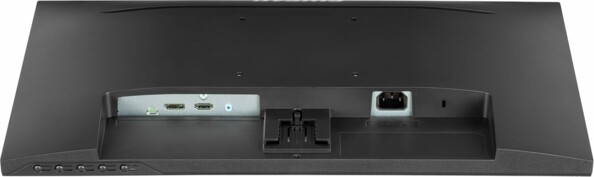 Vue du dessous avec prise d'alimentation, raccord pour pied de support, port HDMI, port DisplayPort et prise jack