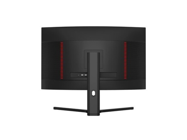 Vue arrière de l'écran 32" avec support VESA 100 x 100 mm, pied de support réglable en hauteur, ports HDMI et DisplayPort avec touches design rouges