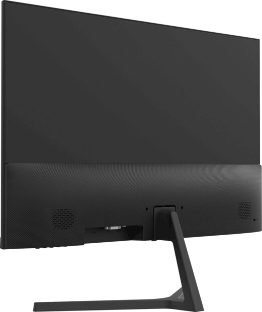 Vue arrière de biais côté gauche sur pied de support coloris noir de la dalle VA sur pied avec 2 haut-parleurs, support VESA et connectique apparente