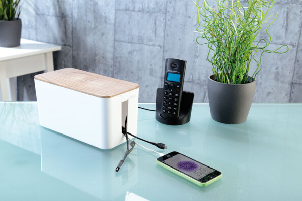 2 boîtes de rangement pour multiprise - Aspect bois de noyer - 23 cm