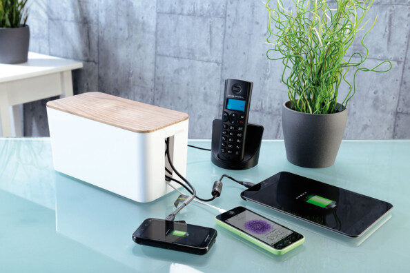 2 boîtes de rangement pour multiprise - Aspect bois de noyer - 23 cm