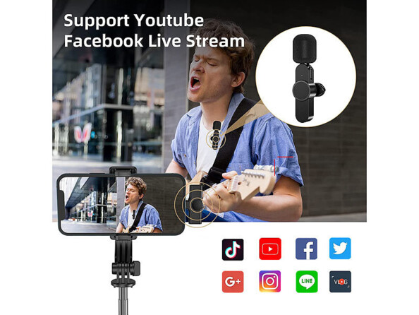 Mini microphone sans fil pour appareils avec connecteur Lightning mise ne situation concert avec logos réseaux sociaux