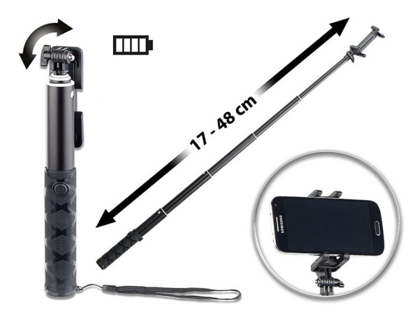 selfie stick avec déclencheur bluetooth dragonne et pince universelle pour iphone et smartphone longueur 48 cm
