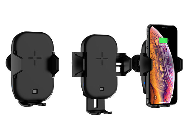 Support de téléphone pour voiture avec chargeur à induction et pinces sécurisées.