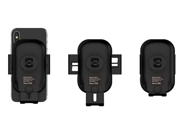 Support de téléphone pour voiture avec pinces automatiques et chargeur Qi vu de dos.