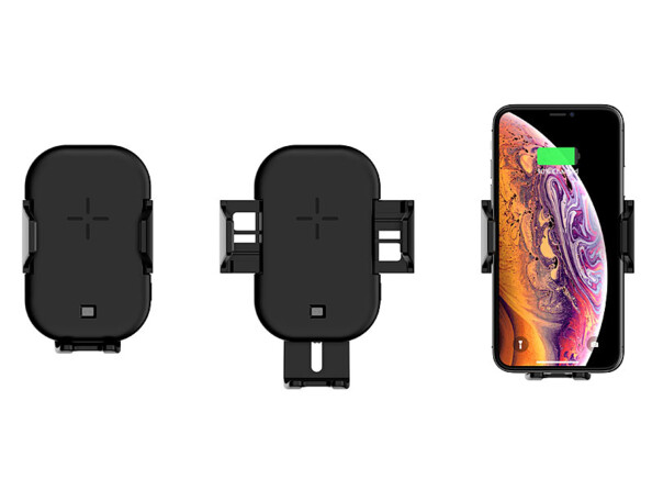Support de téléphone pour voiture avec pinces automatiques et chargeur Qi.