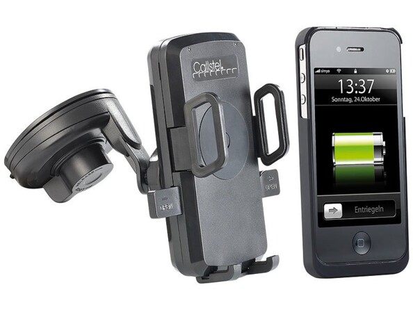 Support smartphone pour voiture avec chargeur compatible Qi + coque iPhone 4/4S