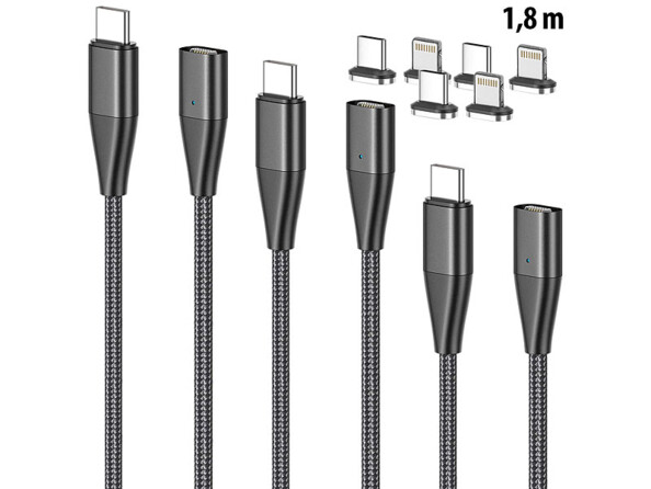 3 câbles USB-C vers USB-C et Lightning avec fiches magnétiques - 1,80 m