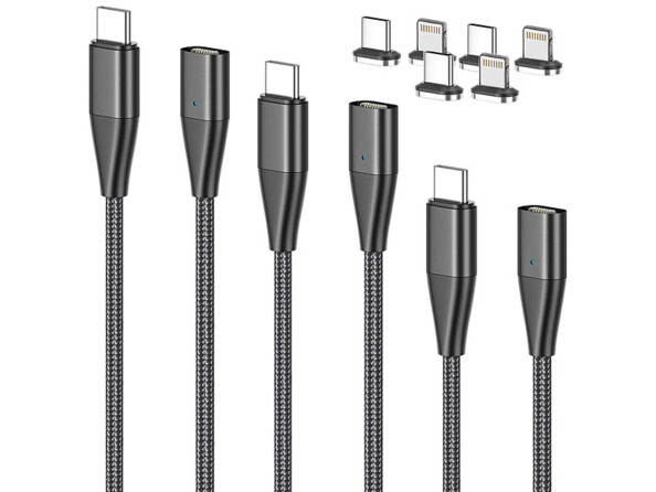 3 câbles USB-C vers USB-C et Lightning avec fiches magnétiques - 1,80 m