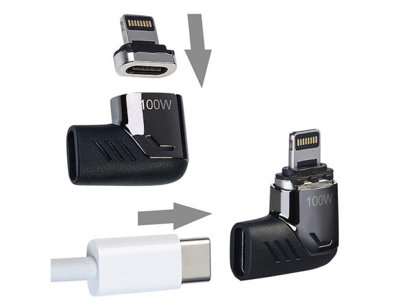 adaptateur coudé magnétique USB-C avec power delivery 100 W mise en situation avec câble