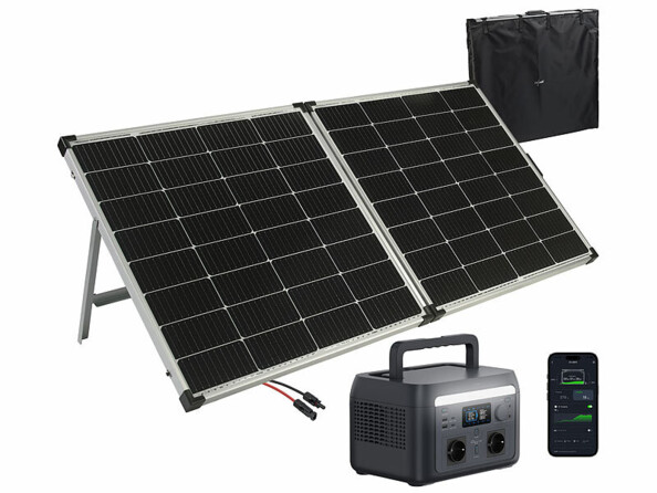Panneau solaire pliable 240 W coloris argent avec batterie nomade et convertisseur solaire HSG-500 614,4 Wh de la marque Revolt