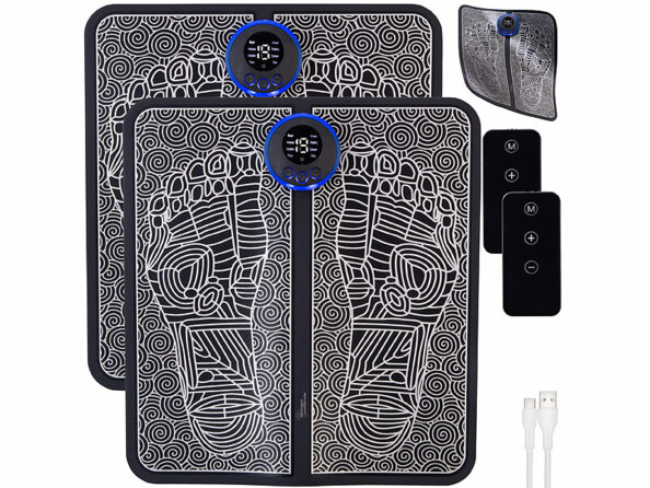 Pack de 2 masseurs pour pieds EMS avec unité de commande, télécommande avec pile bouton CR2025, câble de chargement USB et mode d’emploi en français