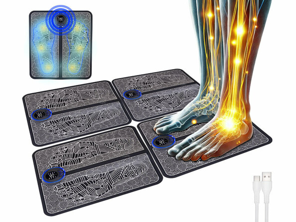 Pack de 4 masseurs pour pieds EMS avec unité de commande, télécommande avec pile bouton CR2025, câble de chargement USB et mode d’emploi en français