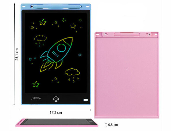Tablette LCD bleue de face avec cotes 25,1 x 17,2 cm et dos rose avec épaisseur 0,5 cm
