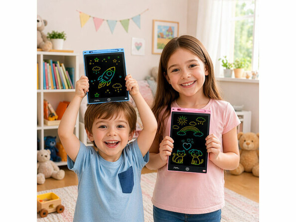 Deux enfants souriants présentant leurs tablettes LCD bleue et rose dans une chambre de jeux