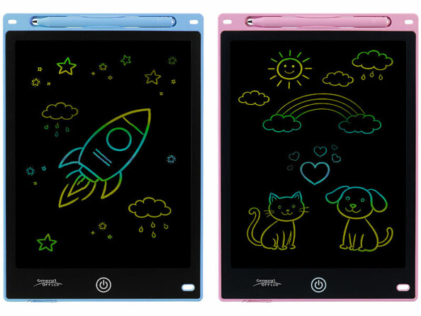 Deux tablettes LCD bleue et rose avec stylets rangés en haut et dessins néon multicolores