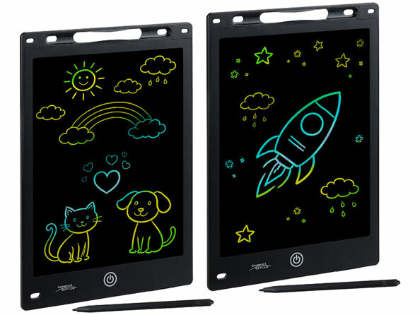 Deux ardoises LCD General Office noires avec dessins néon colorés et stylets noirs