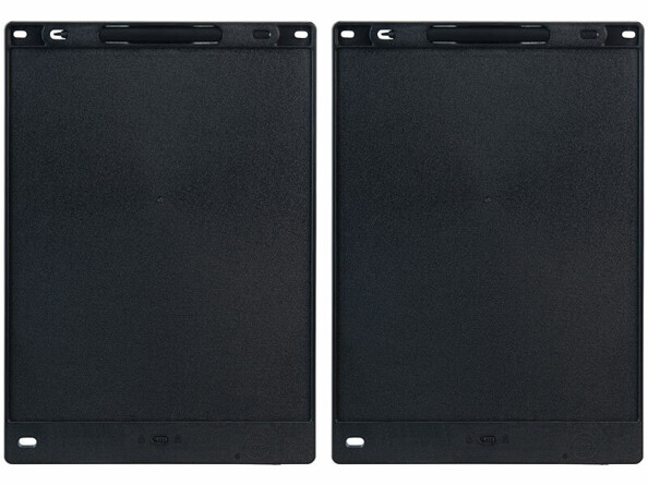 Deux ardoises LCD noires éteintes vues de face avec stylets intégrés