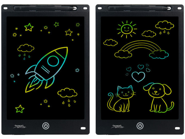 Deux tablettes LCD avec fusée et arc-en-ciel colorés en traits néon