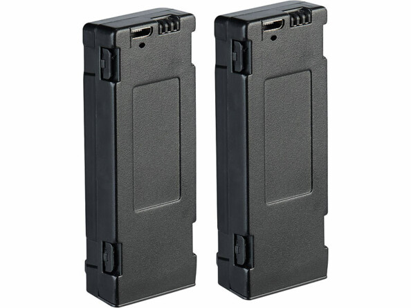 Deux batteries rechargeables noires rectangulaires avec port USB-C et clips de verrouillage