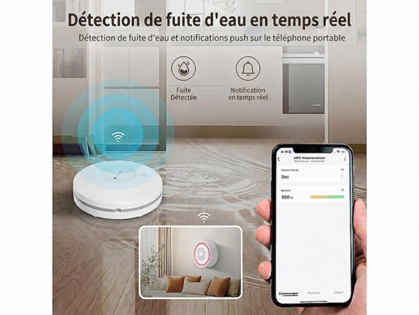 Détecteur d'eau posé au sol avec flaque et ondes wifi, main tenant smartphone avec application WEO affichant capteur Sec 100%, encart alarme murale