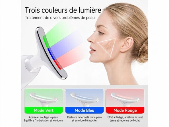 Appareil de massage du visage avec lumière LED texte explicant les différentes couleurs d'éclairage