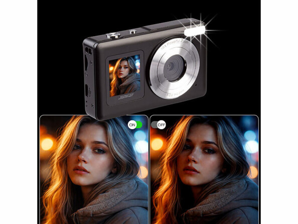 appareil photo 4 K double écrans selfie mise en situation avec et sans flash