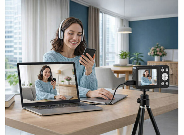 appareil photo 4 K selfie mis en situation Vloging avec femme devant un bureau avec PC portable