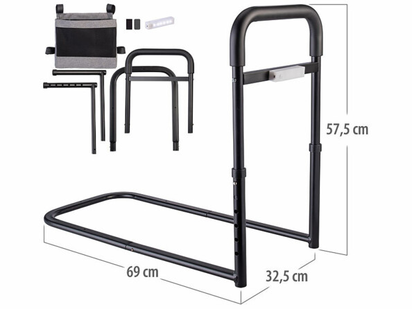 Barre d'appui pour lit lumineuse et réglable en hauteur vue de coté et éclatée avec dimensions 69 x 57,5 x 32,5 cm