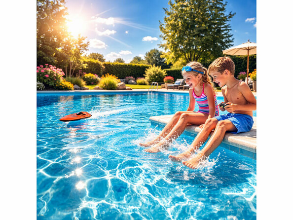 Bateau télécommandé 2,4 GHz dans une piscine avec 2 enfants