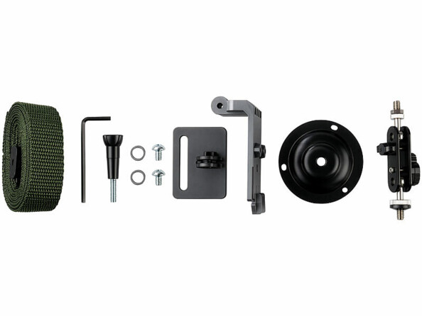 Kit de montage complet avec sangle verte, clé Allen, plaque de fixation, support en L, base circulaire et articulation à double rotule