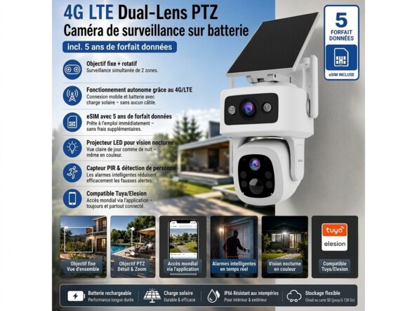 Caméra de surveillance solaire double objectif PTZ 4G/LTE IPC-920.lte