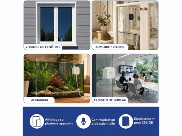 Caméra fenêtre 7Links montée sur vitre, armoire, aquarium et cloison de bureau avec fonctions interphone et microSD