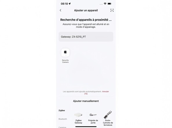Capture d’écran application mobile ajoutant la caméra 7Links avec recherche automatique et passerelle ZX-5210