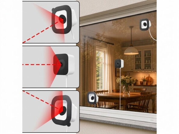 Caméra de sécurité 7Links fixée sur fenêtre avec smartphone montrant le flux vidéo d’un livreur en direct