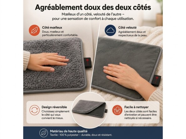 Coussin chauffant doux des deux côtés posé sur un canapé