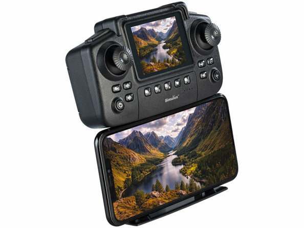 Télécommande de drone Simulus noire avec écran 2,4 pouces et smartphone affichant un paysage